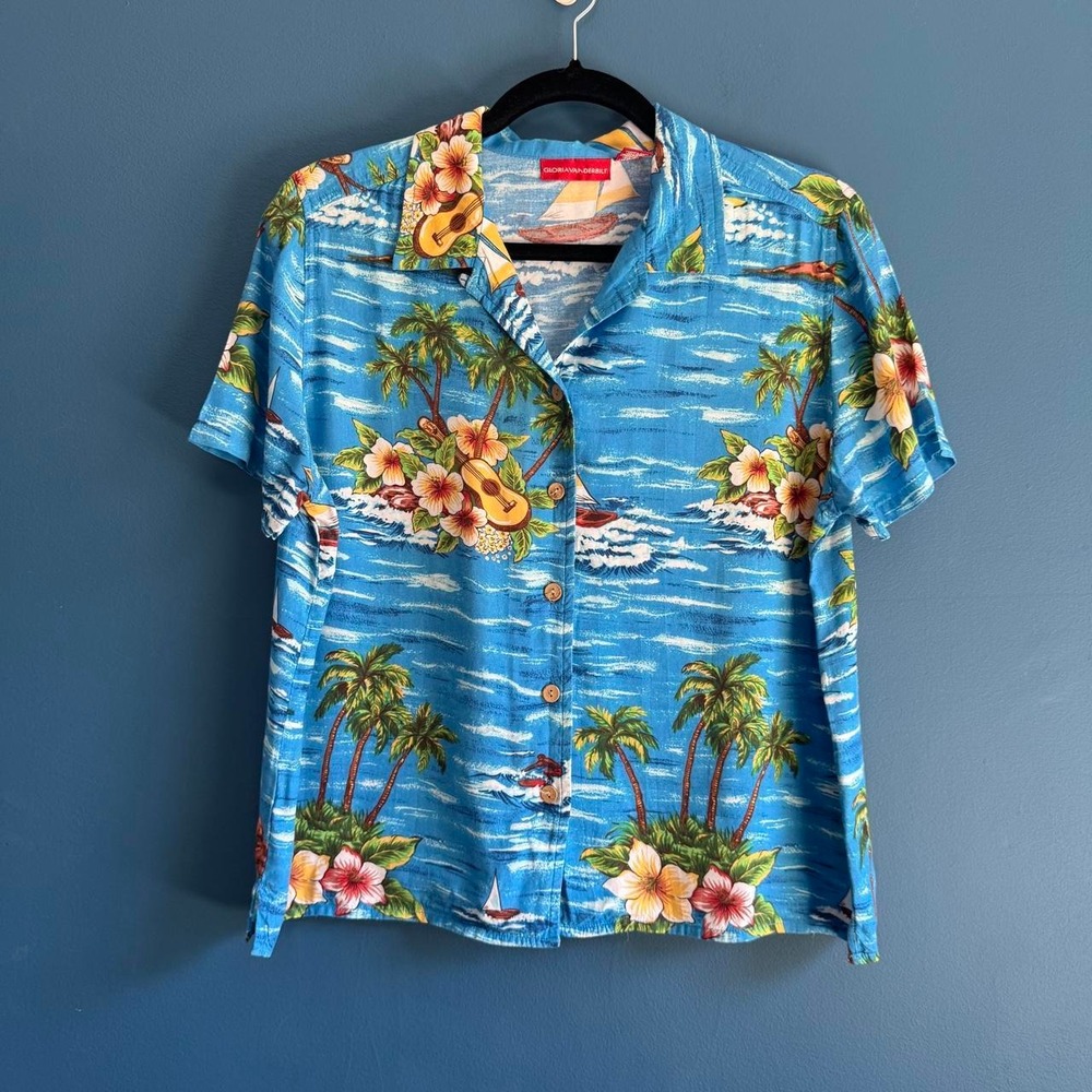 Vintage Hawaiian Shirt Women's Size Medium Gloria Vanderbilt Blue Palm Tree